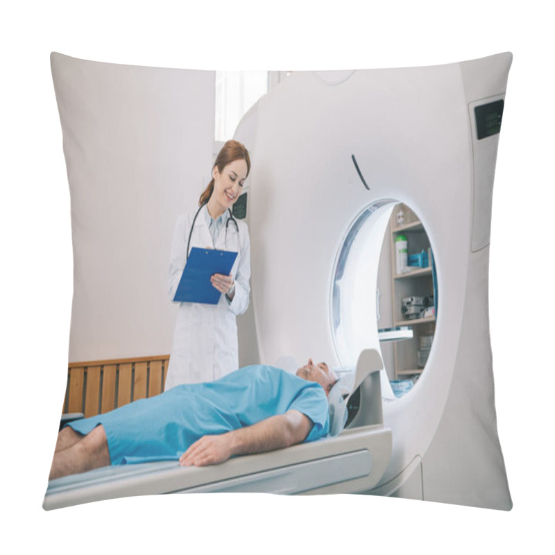 Personality  Beautiful Radiologist Holding Clipboard While Preparing Patient For Tomography Pillow Covers