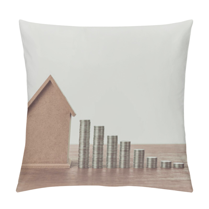 Personality  Small Wooden House And Stacks Of Coins On Wooden Table, Saving Concept Pillow Covers