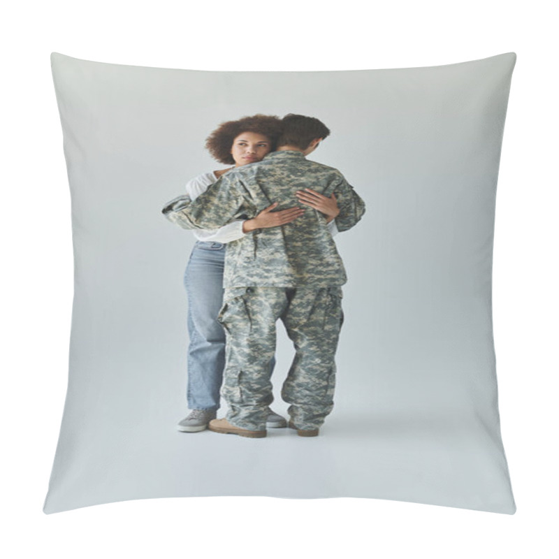 Personality  A Soldier Embraces Her Wife, Cherishing A Heartfelt Moment Before Deployment. Pillow Covers