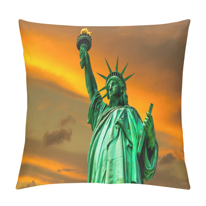 Personality  Statue Of Liberty Against Sunset Sky With Beautiful Cloud Background In New York City, NY, USA Pillow Covers