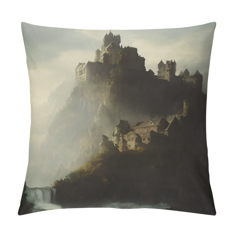 Personality  Digital Painting Of A Castle On Top Of A Mountain Above A Waterfall. Pillow Covers