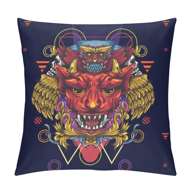 Personality  Golden Winged Devils And Death Owls. Illustration That Depicts A Horned And Fanged Devil's Head And Above It Is An Owl. With Floral And Sacred Geometry Pillow Covers