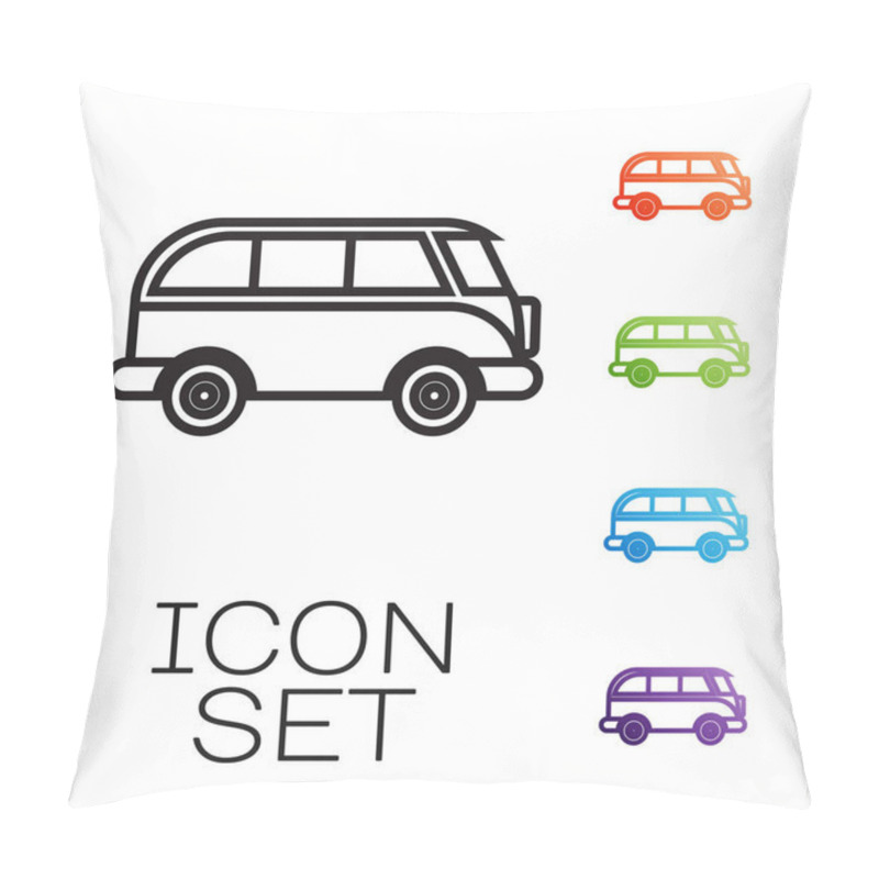 Personality  Black Line Retro Minivan Icon Isolated On White Background. Old Retro Classic Traveling Van. Set Icons Colorful. Vector Illustration Pillow Covers