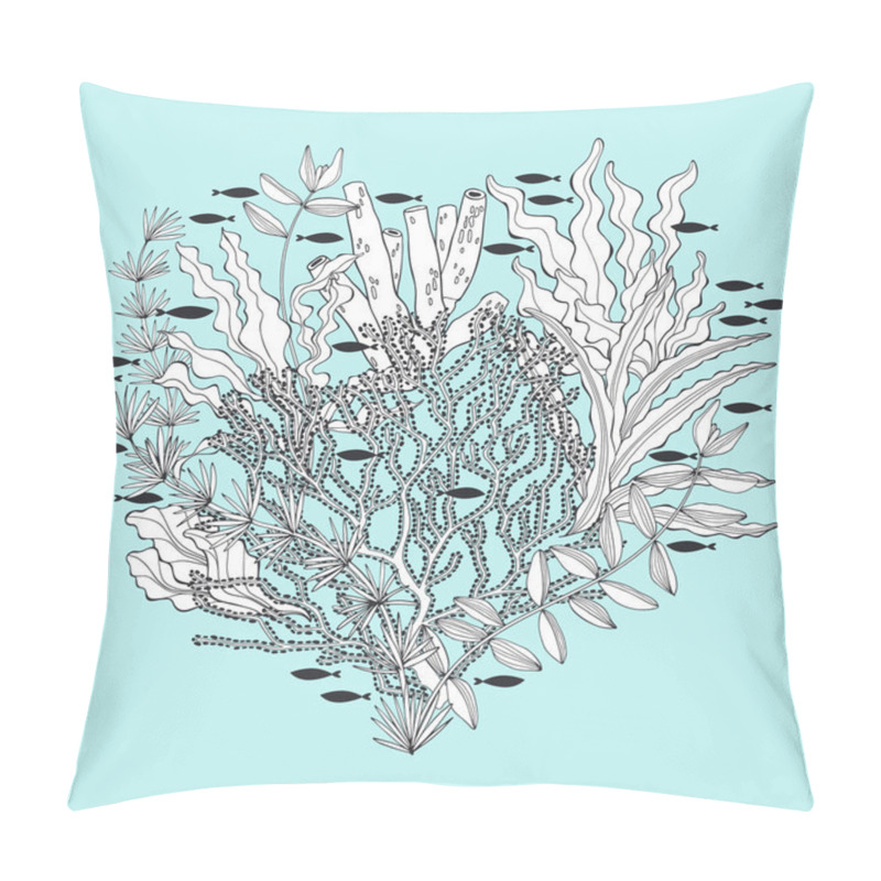 Personality   Seaweed And Fishes On A Blue Background. Vector Background On A Sea Theme. Pillow Covers