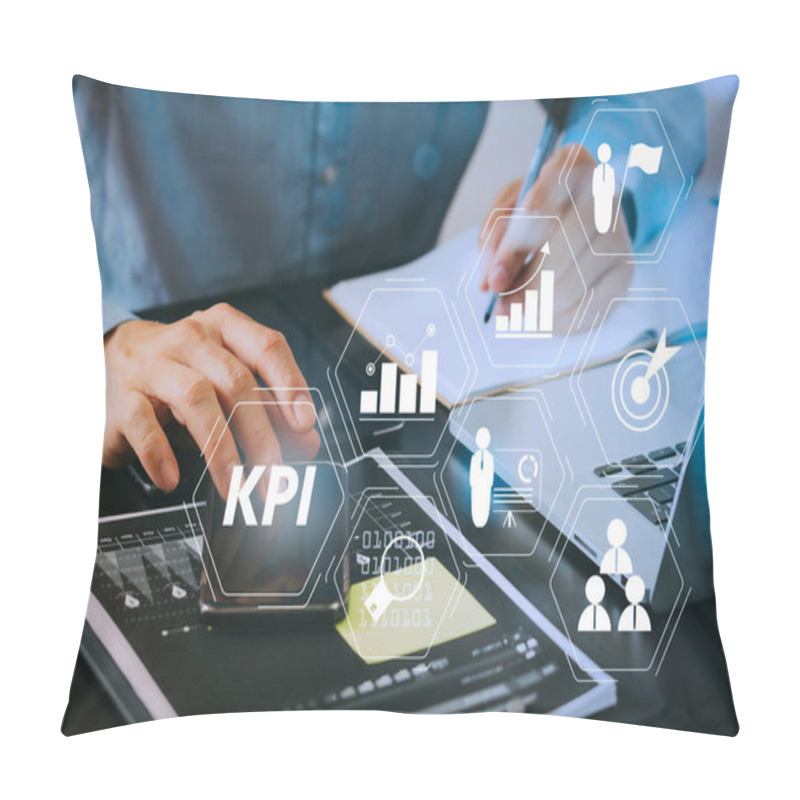 Personality  Close Up Of Businessman Working With Smart Phone And Digital Tab Pillow Covers