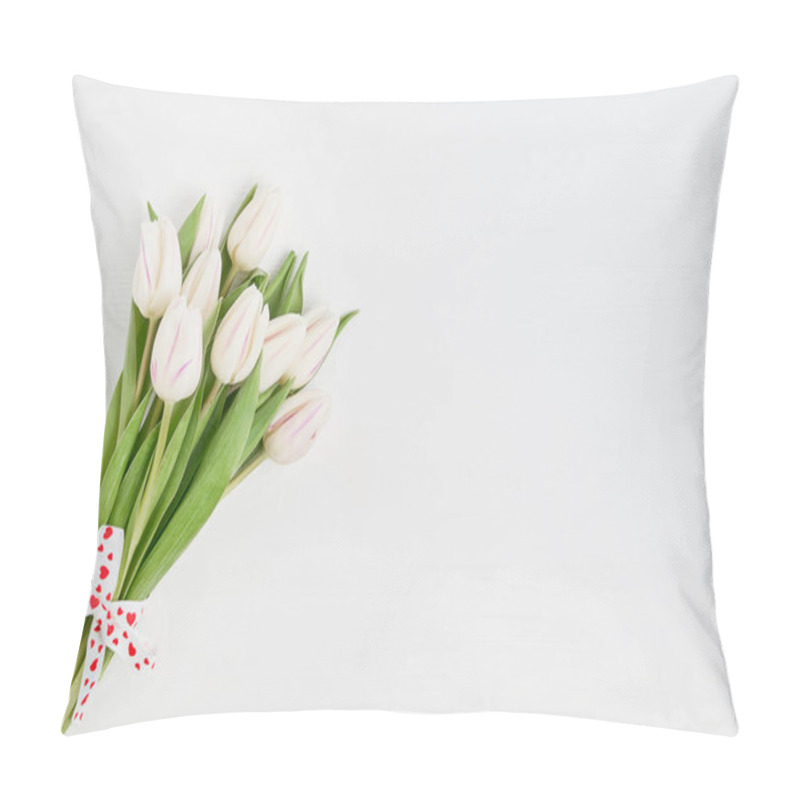 Personality  White Tulips Bouquet Decorated With Hearts Ribbon On White Wooden Background. Copy Space, Top View. Valentines Day Concept Pillow Covers