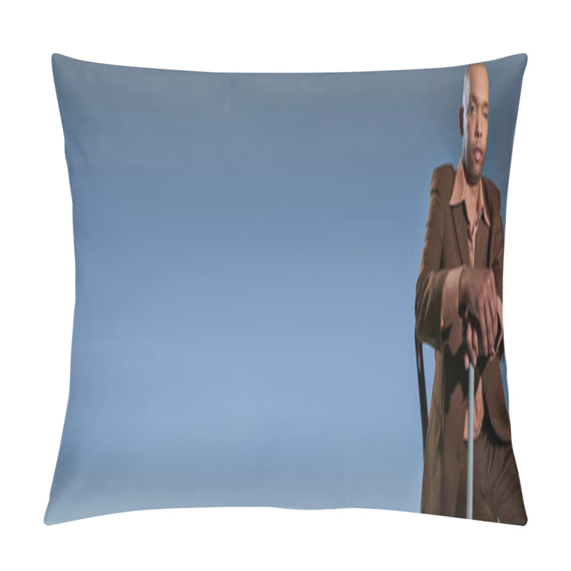 Personality  Diversity And Inclusion, African American Man With Myasthenia Gravis Syndrome Sitting On Chair And Looking At Camera On Blue Background, Leaning On Walking Cane, Difficulty Walking, Ptosis, Banner  Pillow Covers