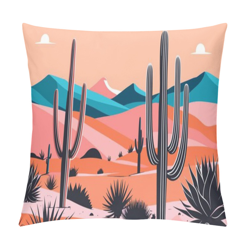 Personality  Desert Landscape Abstract Art Background. Texas Western Mountains And Cactuses. Stylized Vector Illustration Of Wild West Desert. Design Element For Banner, Flyer, Card, Sign Template. Pillow Covers