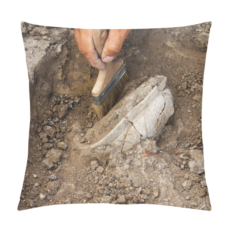 Personality  Professional Archaeological Excavations, Archaeologists Work, Dig Up An Ancient Clay Artifact With Special Tools In Soil Pillow Covers