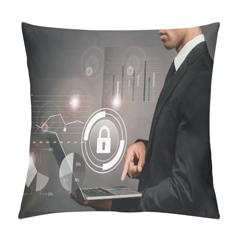 Personality  Partial View Of African American Businessman Using Laptop On Dark Background With Internet Security Illustration Pillow Covers