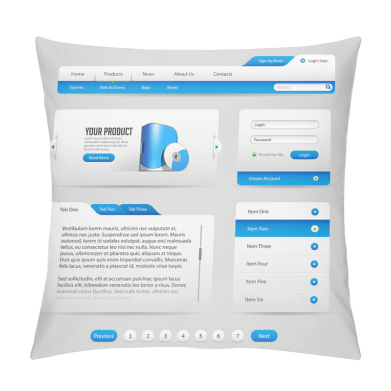 Personality  Web UI Controls Elements Gray And Blue: Navigation Bar, Buttons, Slider, Message Box, Loader, Pagination, Menu, Accordion, Tabs, Login Form, Search Pillow Covers