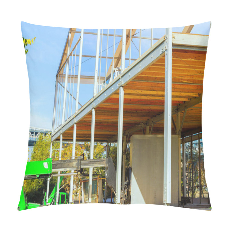 Personality  Building Office Is Framed By Metal Structures Of Steel Beams While Construction Is In Progress Pillow Covers