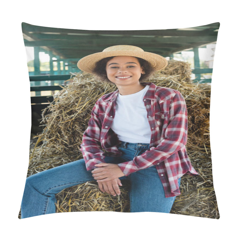 Personality  Cheerful African American Farmer Smiling At Camera While Sitting On Haystack Pillow Covers