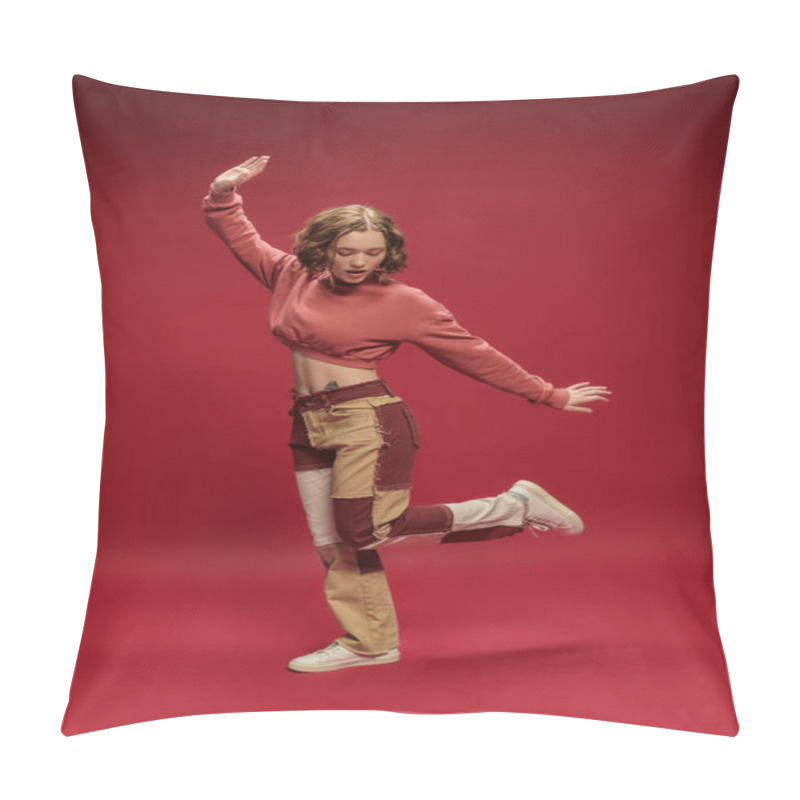 Personality  Personal Style, Funny Gen Z Woman In Patchwork Pants And Cropped Long Sleeve Gesturing On Red Pillow Covers