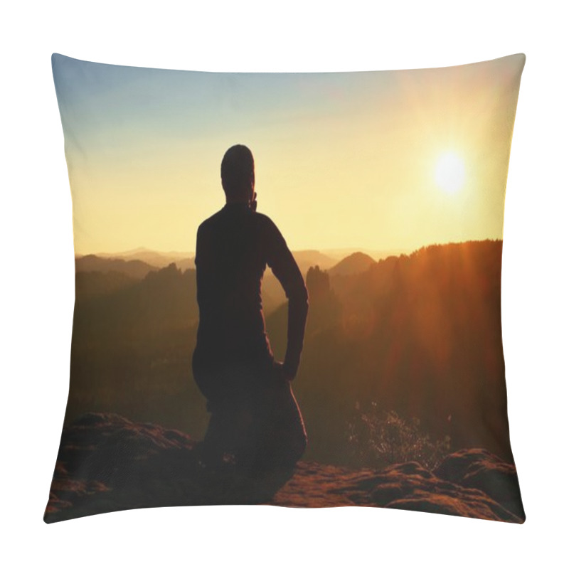 Personality  Sportsmann Hiker In Black Sportswear Sit On Mountain Top And Take A Rest. Tourist  Watch Down To Morning Misty Valley. Pillow Covers