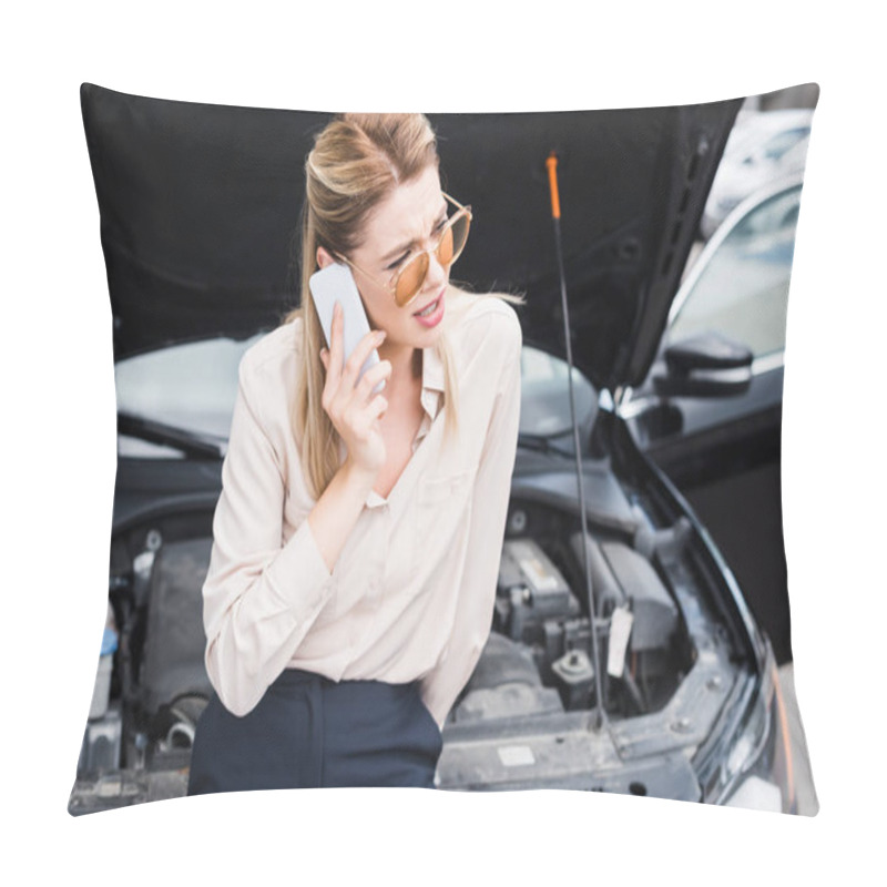 Personality  Businesswoman Looking Away, Talking On Smartphone And Standing Near Broken Auto With Open Trunk, Car Insurance Concept Pillow Covers