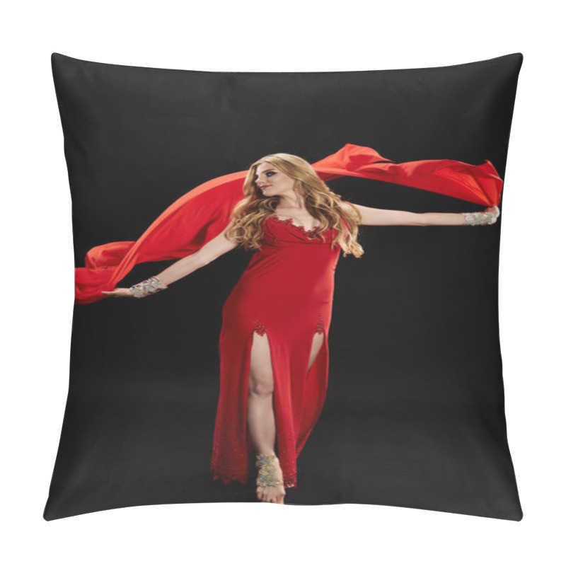 Personality  Beautiful Woman In Red Dress Gracefully Dances With Red Scarf. Pillow Covers