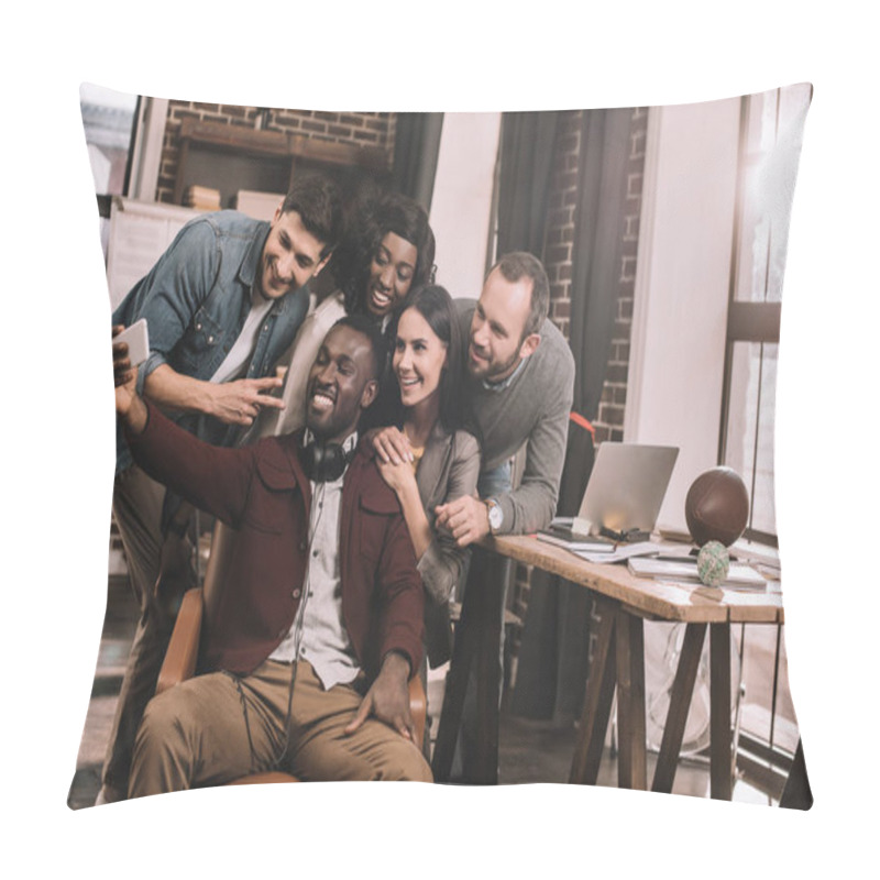 Personality  Group Of Cheerful Multiethnic Coworkers Taking Selfie Using Smartphone In Loft Office With Backlit Pillow Covers