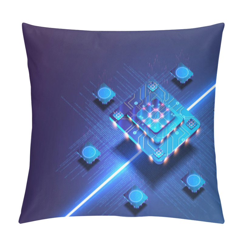 Personality  Futuristic Microchip Processor With Lights On The Blue Background. Quantum Computer, Large Data Processing, Database Concept. Artificial Intelligence And Robotics Quantum Computing Processor Concept. Pillow Covers