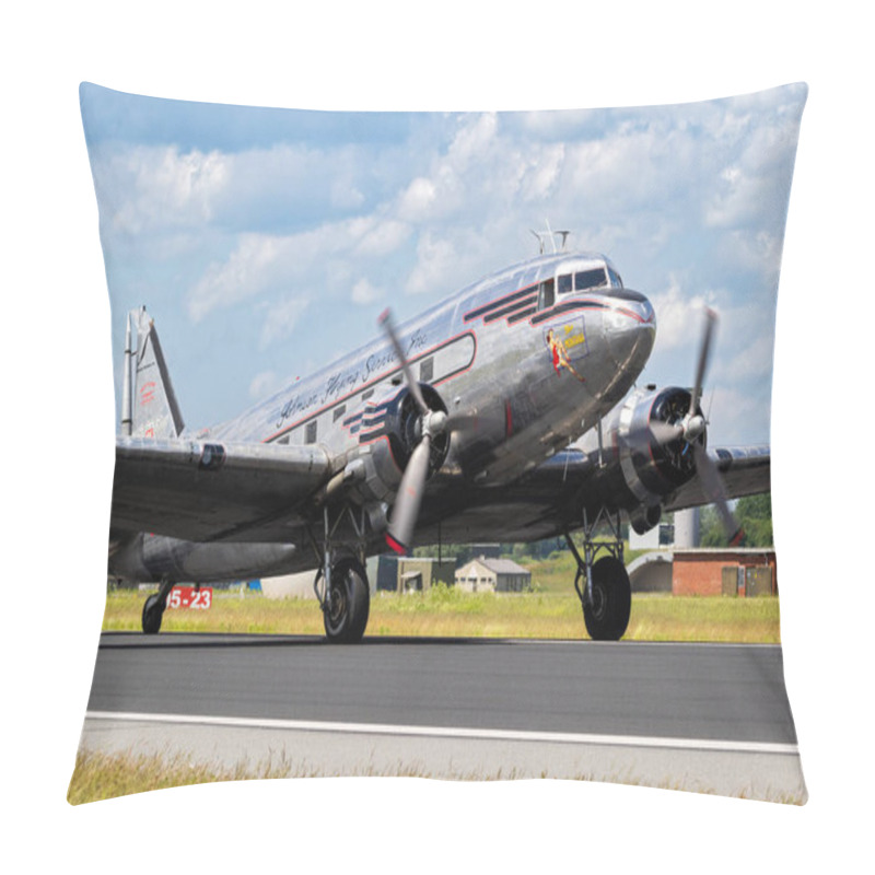 Personality  World War II Warbird Douglas C-47A Dakota Transport Plane Taxiing On Jagel Airbase During D-Day 75 Memorial Flight Over Germany. Jagel, Germany - Jun 13, 2019 Pillow Covers