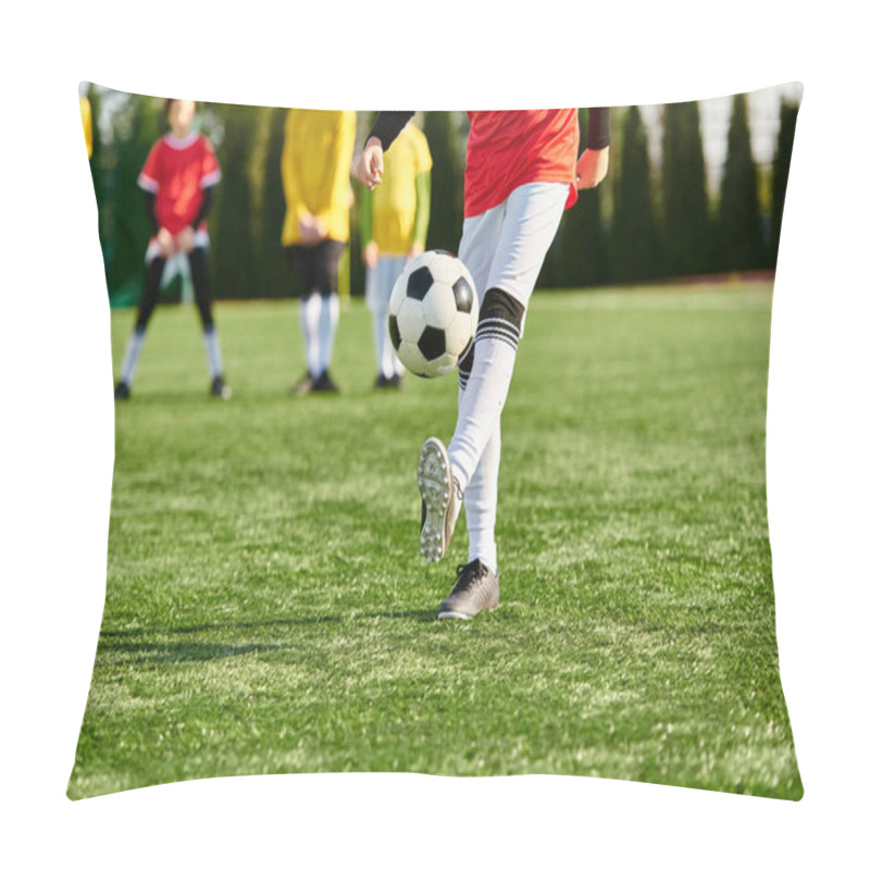 Personality  A Man Dressed In Sportswear Kicks A Soccer Ball On A Green Field, Showcasing Precision And Skill In His Movement. Pillow Covers