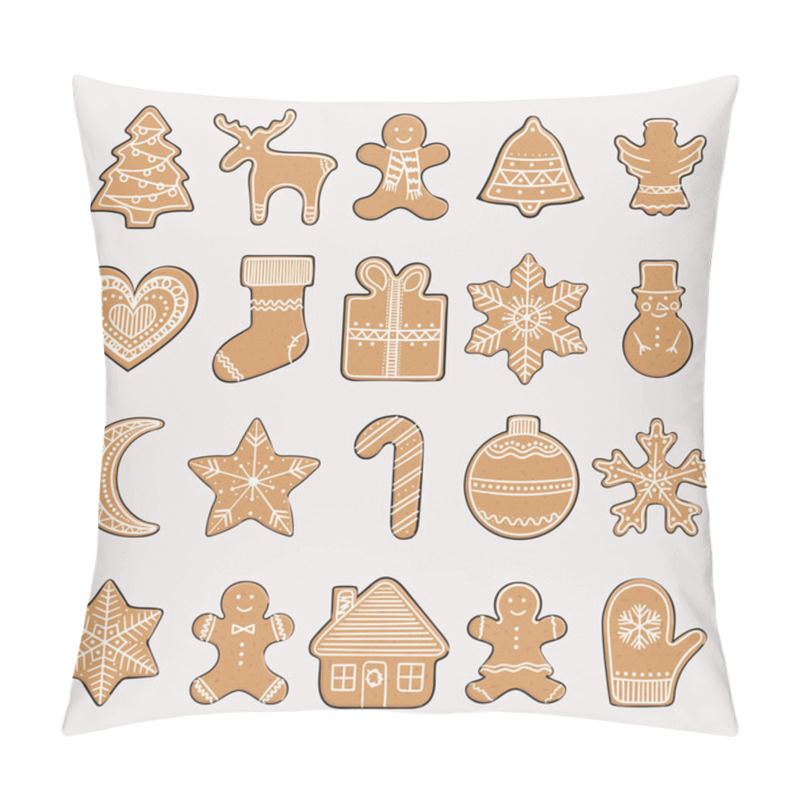 Personality  Set Of Gingerbread Cookies. Christmas Elements For Winter Holidays. Gingerbread Man And Woman, Christmas Tree, Present, Stars, Bell, Ball, House, Heart. Hand-drawn Vector Illustration. Pillow Covers