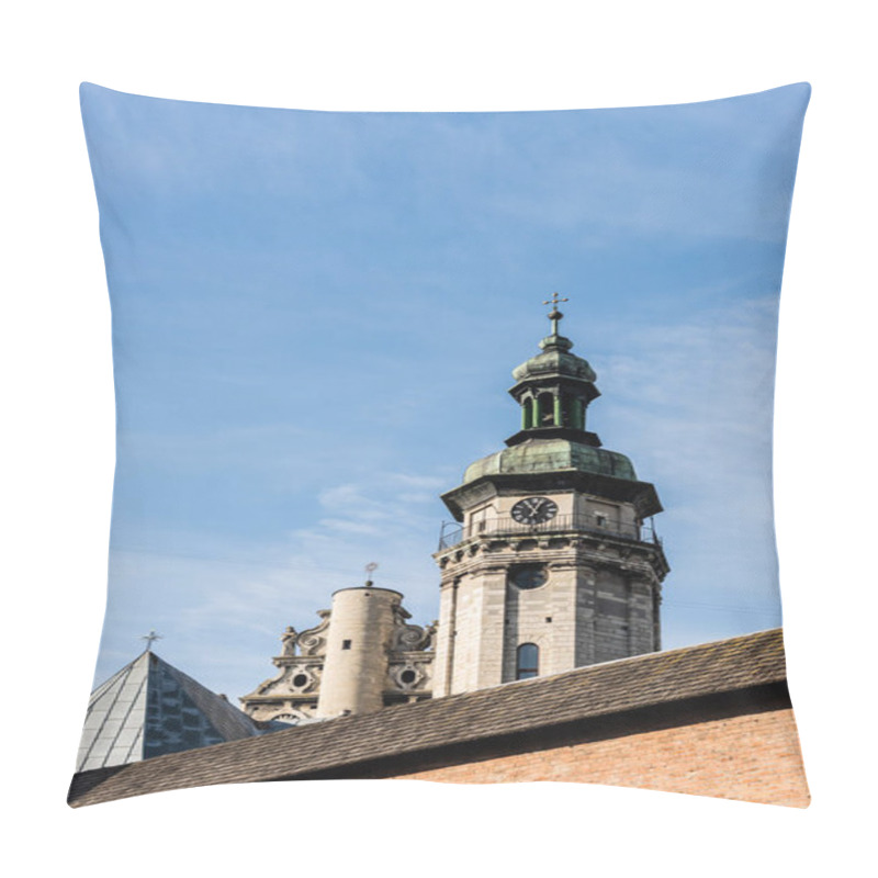 Personality  Korniakt Tower And Monastery Wall Against Blue Sky In Lviv, Ukraine Pillow Covers