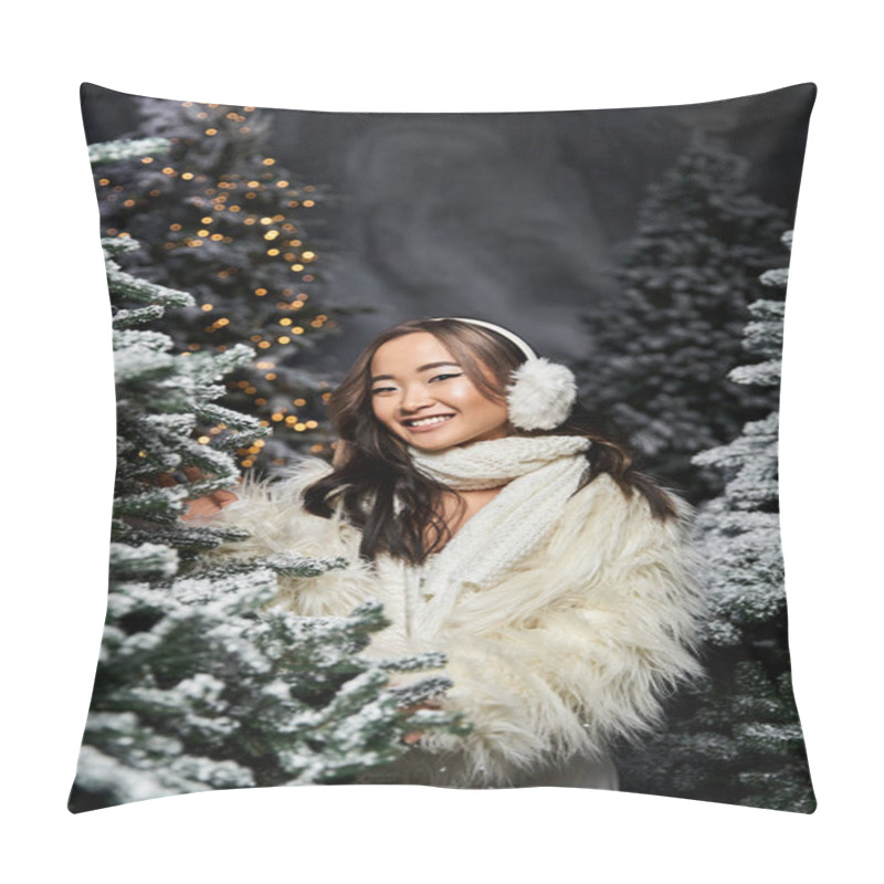 Personality  A Cheerful Individual Enjoys A Festive Atmosphere, Surrounded By Frosted Trees And Lights. Pillow Covers