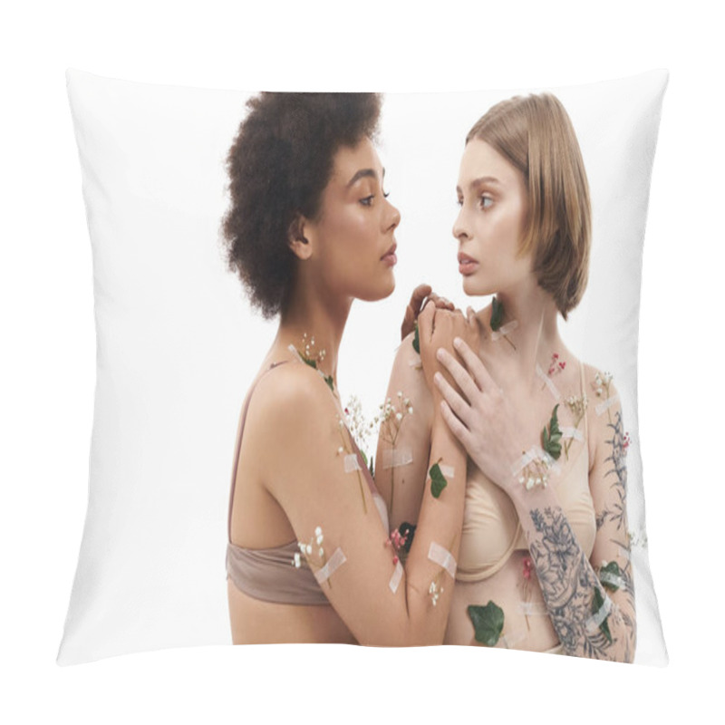 Personality  A Loving Couple Shares A Tender Embrace Adorned With Floral Elements. Pillow Covers