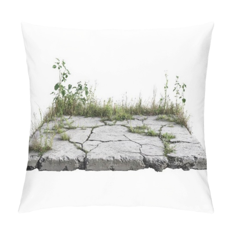 Personality  A Textured Gray Concrete Slab With Cracks, Featuring Green Grass And Small Plants Growing Through, Symbolizing Resilience In Nature. Pillow Covers