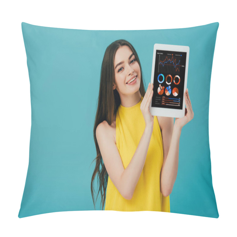 Personality  Beautiful Girl In Yellow Dress Showing Digital Tablet With Financial App Isolated On Turquoise Pillow Covers