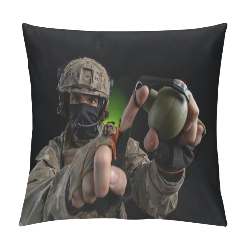 Personality  A Male Soldier In Military Clothes With A Weapon On A Dark Background Pillow Covers