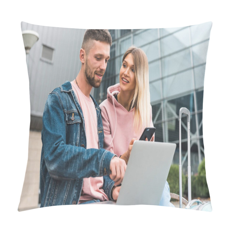 Personality  Traveling. Couple Using Laptop, Waiting Transport Near Airport. Pillow Covers