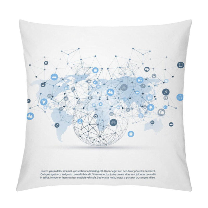 Personality  Internet Of Things, Cloud Computing Design Concept With Wireframe, World Map And Icons - Global Digital Network Connections, Smart Technology Concept  Pillow Covers