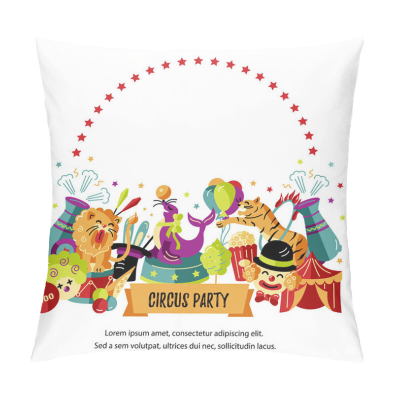 Personality  Circus. Vector Illustration With Animals, Clowns And Magicians. Template For Circus Show, Party Invitation, Poster, Kids Birthday. Flat Style. Pillow Covers