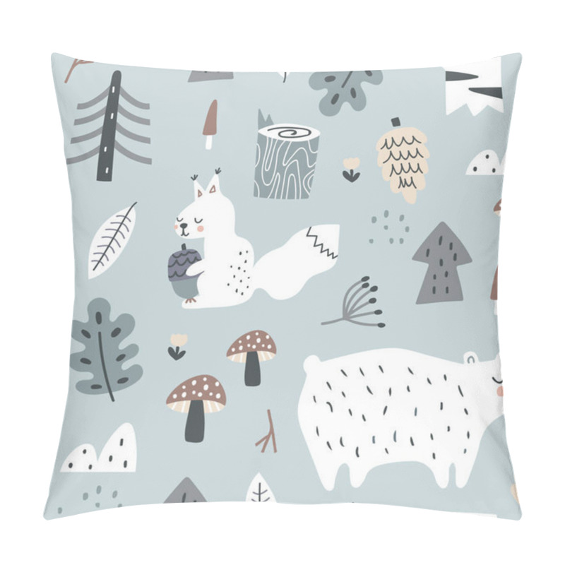 Personality  Forest Seamless Pattern With Bear And Squirrel. Trendy Woodland Texture Perfect For Textile, Fabric, Apparel, Wallpaper.Vector Illustration Pillow Covers