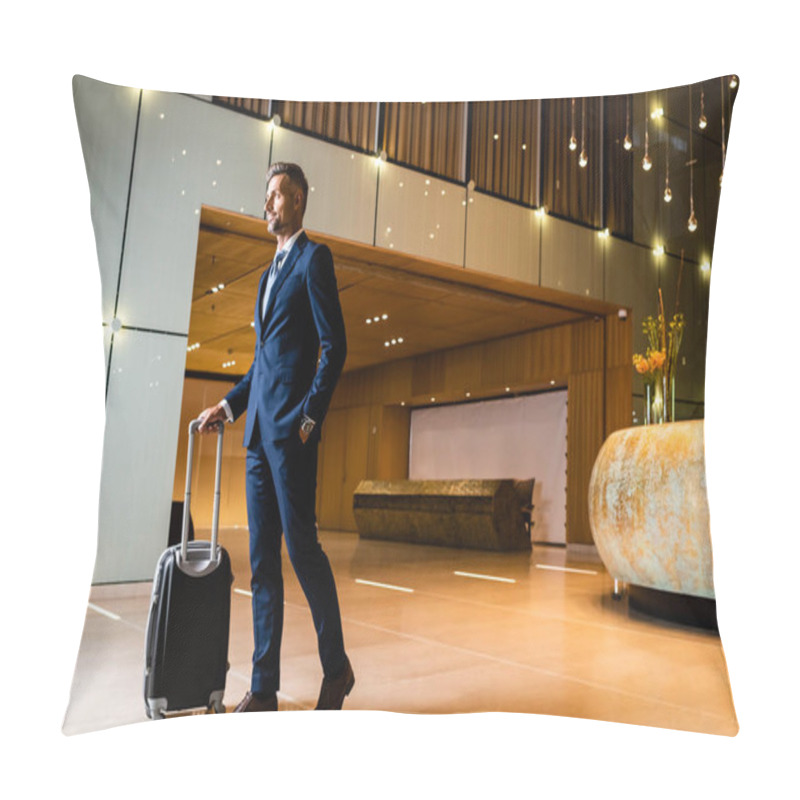 Personality  Handsome Businessman In Suit With Hand In Pocket Holding Suitcase Pillow Covers