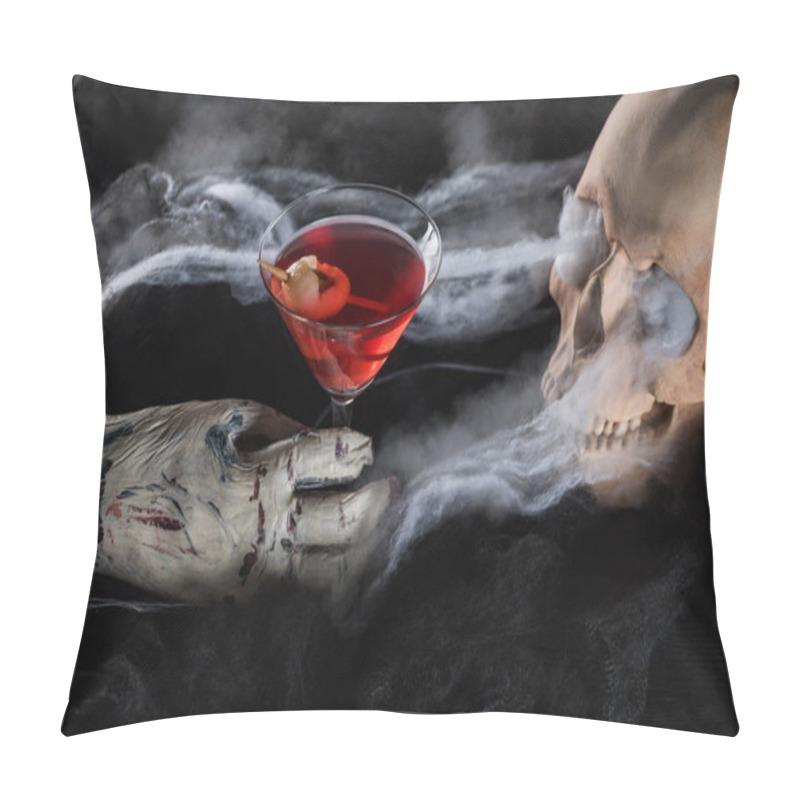 Personality  Spooky Human Skull With Red Cocktail On Black Background, Halloween Decoration Pillow Covers