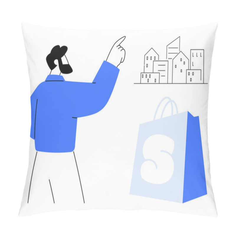 Personality  Man Points At Urban Buildings, With A Shopping Bag In The Foreground. Ideal For Urban Living, Architecture, Shopping, Lifestyle, And Consumerism Themes. Simplistic, Modern, Minimalistic Style Pillow Covers