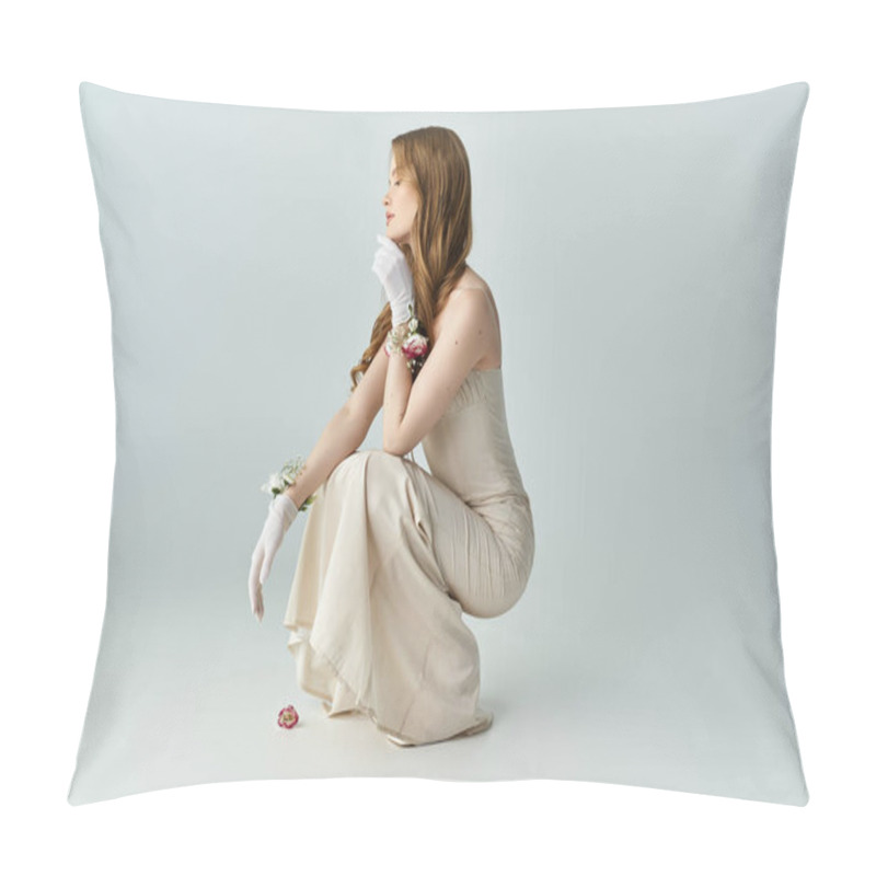 Personality  A Young Woman Sits Elegantly, Lost In Thought, Surrounded By Flowers. Pillow Covers