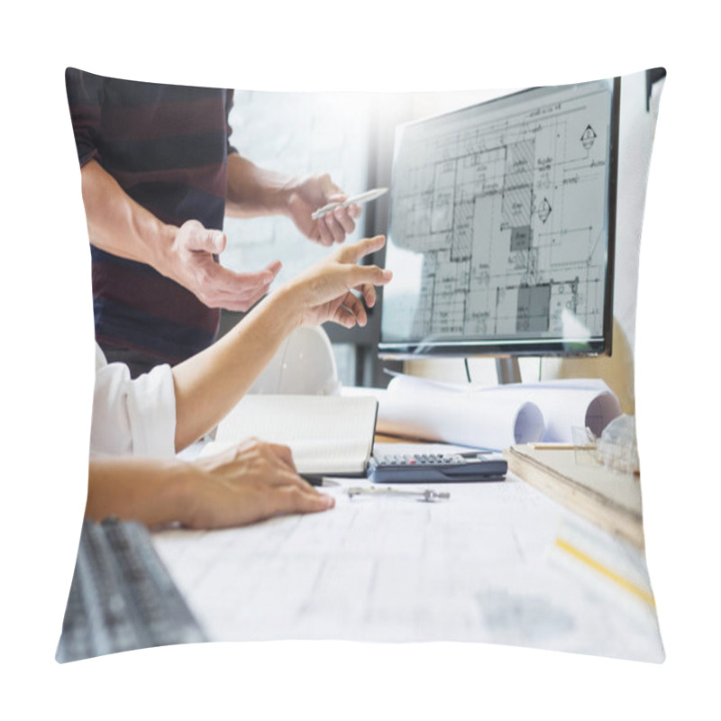 Personality  Professional Architect Designer Structural Engineer Team Colleagues Working Office Looking Computer Discussing Building Plan Design Project  Pillow Covers