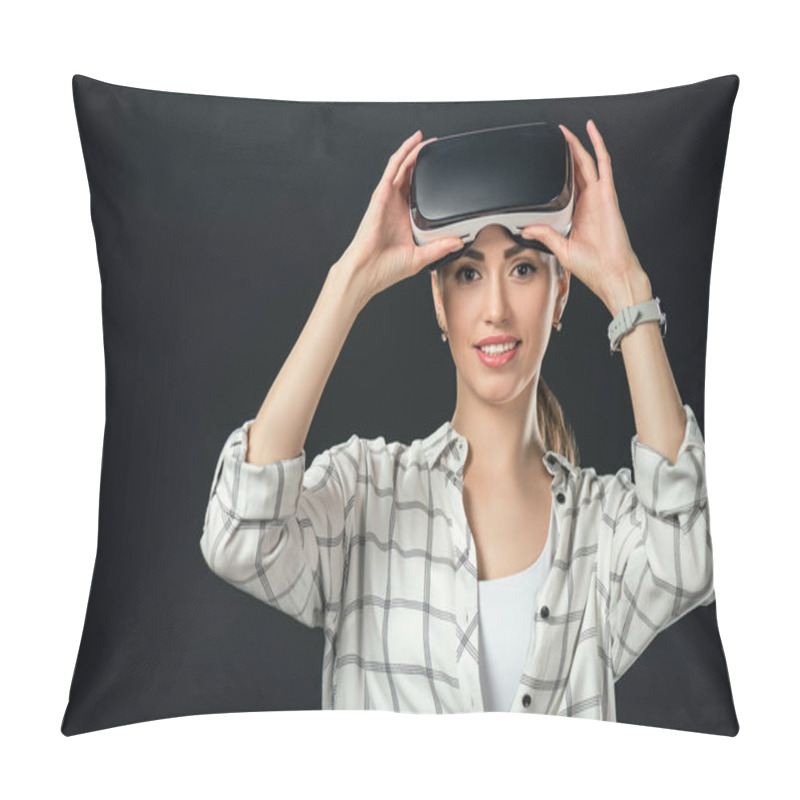 Personality  Smiling Woman Using Virtual Reality Headset, Isolated On Black Pillow Covers