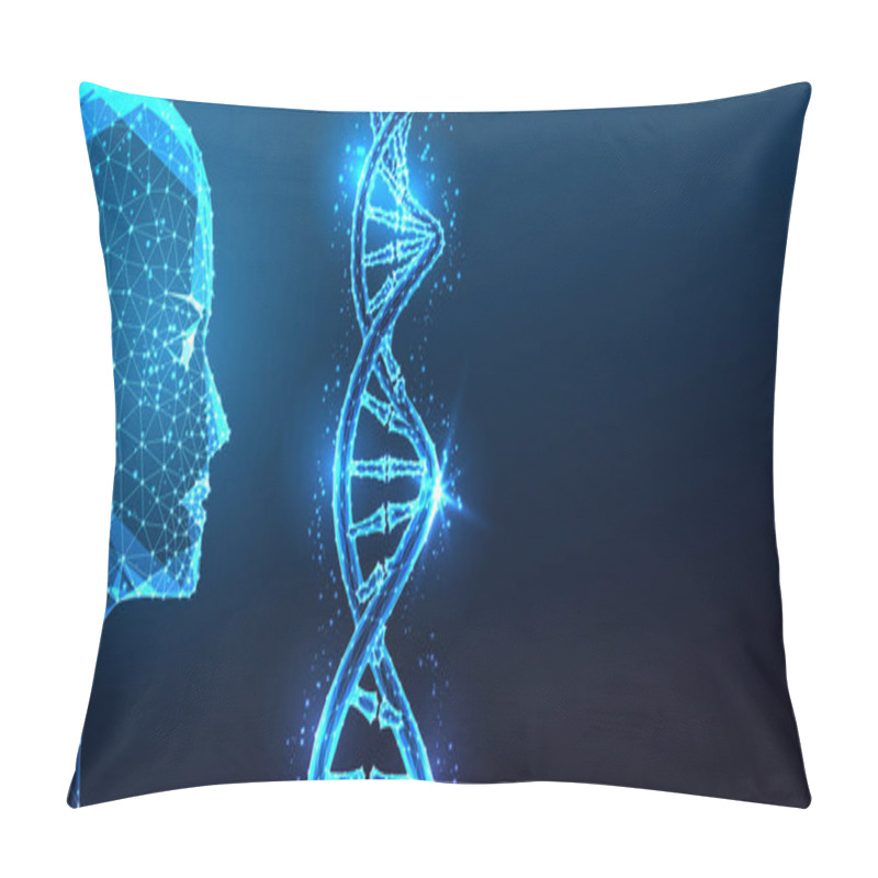 Personality  AI Genetics And Biotechnology Concept With AI Robotic Head Examining DNA Strand On Dark Blue Background. Innovation In Genomics, Bioengineering, Healthcare AI. Glowing Polygonal Vector Illustration. Pillow Covers