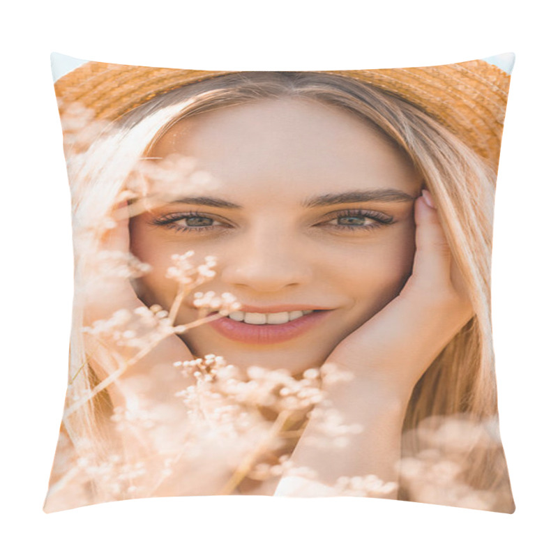 Personality  Portrait Of Sensual Blonde Woman In Straw Hat Looking At Camera And Touching Face Near Wildflowers Pillow Covers