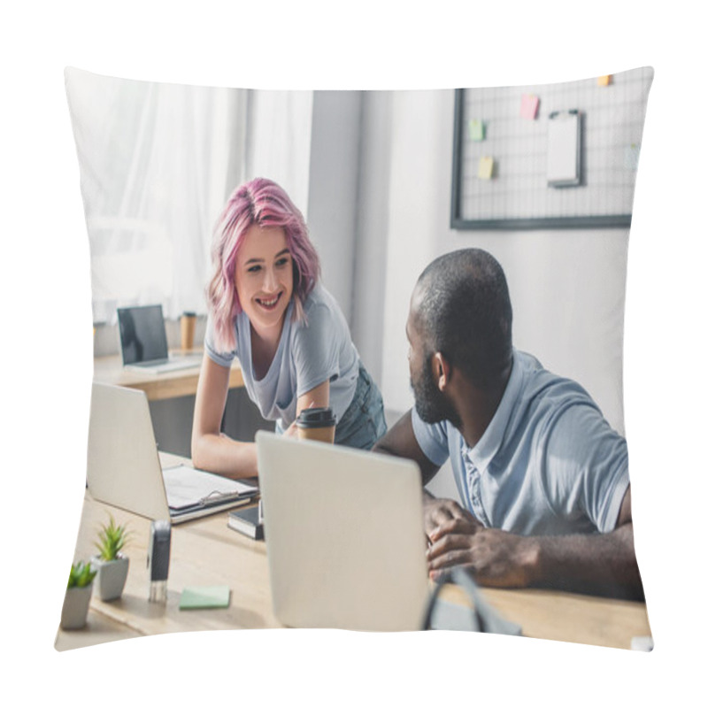 Personality  Selective Focus Of Businesswoman Holding Coffee To Go Near African American Colleague In Office  Pillow Covers