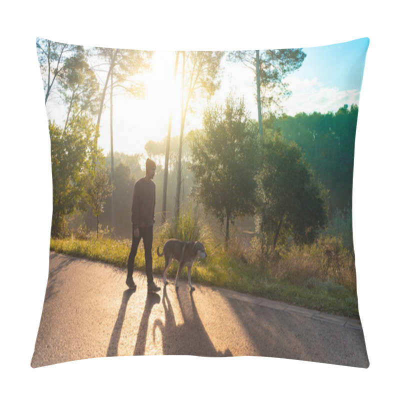 Personality  Young Handsome Man Walking His Dog In Nature With The Rays Of The Morning In Autumn. Friendship And Animal Love Concept. Sun, Warm Glow And Long Shadows. Pillow Covers