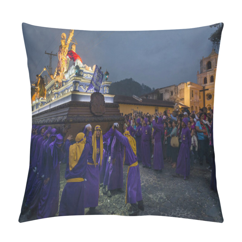 Personality  Penitents Carrying A Float With The Image Of Jesus Christ In An Easter Procession At Night During The Holy Week In Antigua, Guatemala Pillow Covers