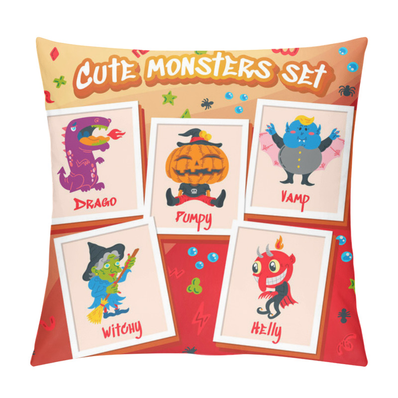 Personality  Monster Cartoon Doodle Character Set. Handdrawn Vector Illustration With Beast, Wolf, Devil, Witch. Mystery, All Saints Day Concept For Halloween Party, Posters, Portraits. Caricature Scary Creatures Pillow Covers