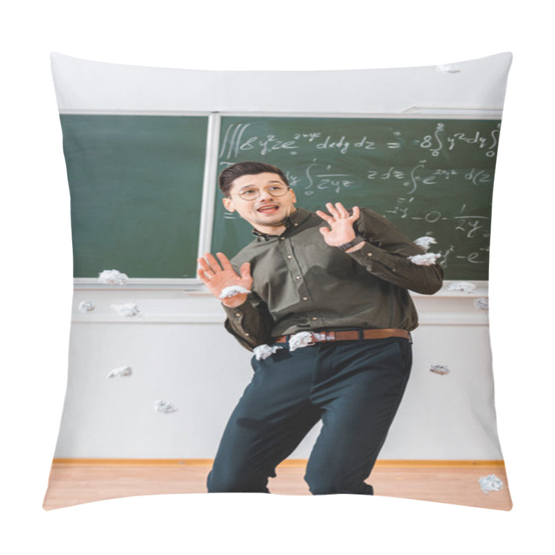 Personality  Crumpled Paper Balls Flying At Frightened Male Teacher In Classroom With Chalkboard On Background Pillow Covers