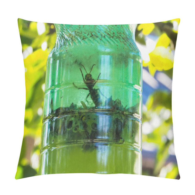 Personality  A Close-up Of A Green Plastic Bottle Trap Capturing Insects, Surrounded By Leaves And Natural Light. Pillow Covers